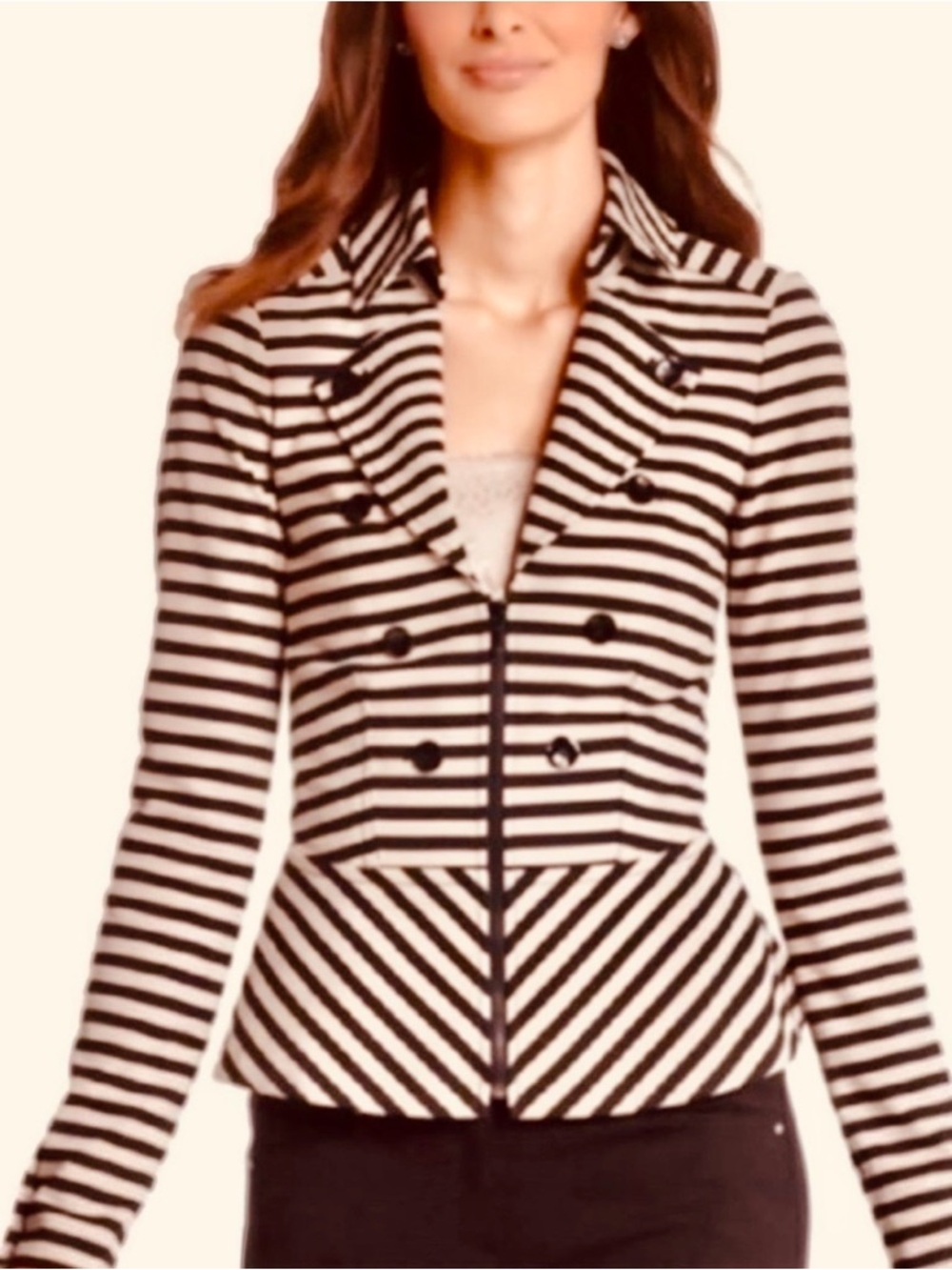 White House BM Striped Black & Beige Peplum Double-Breasted Jacket